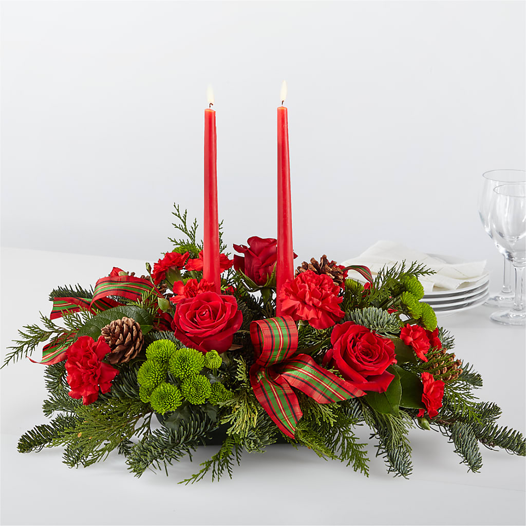 Festive By the Candlelight Holiday Floral Centerpiece with Red Roses