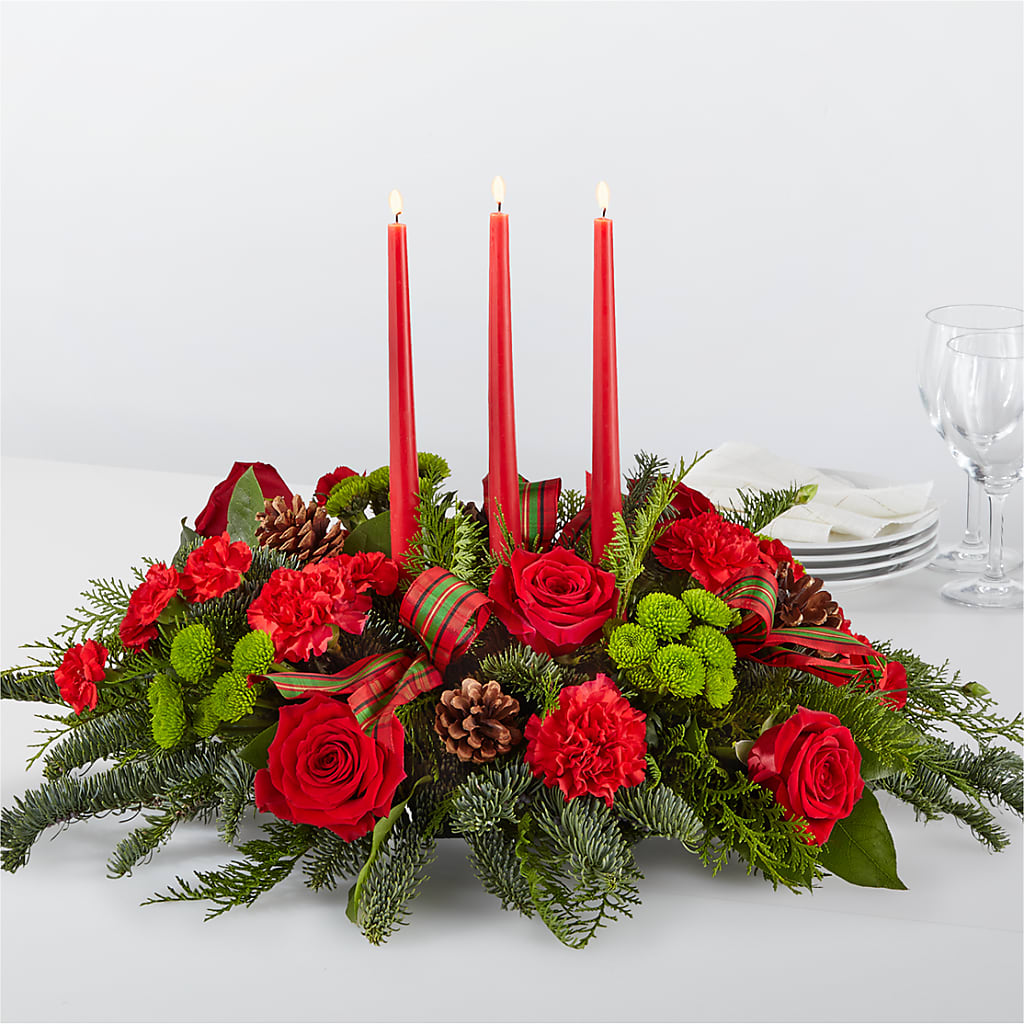 Festive By the Candlelight Holiday Floral Centerpiece with Red Roses
