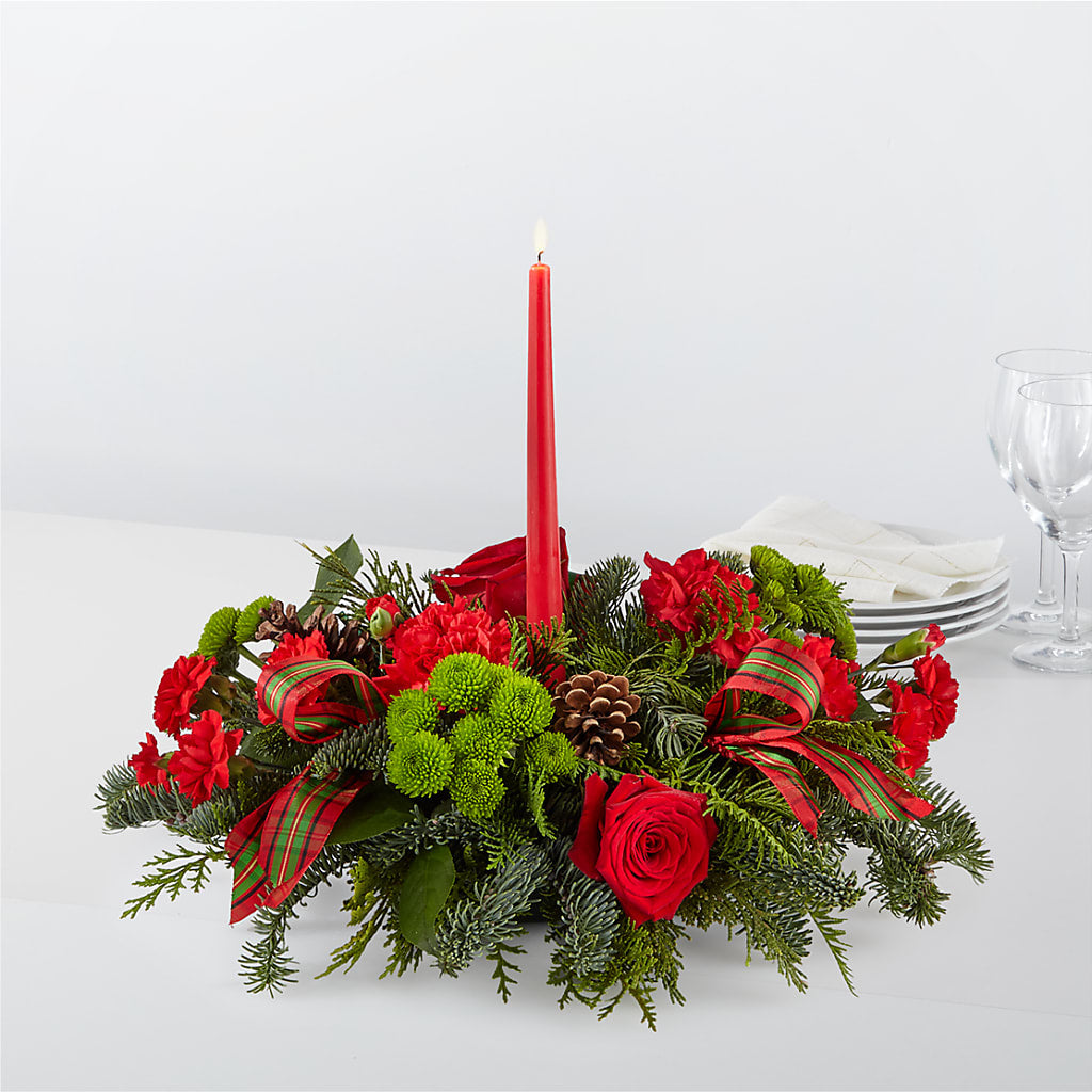 Festive By the Candlelight Holiday Floral Centerpiece with Red Roses
