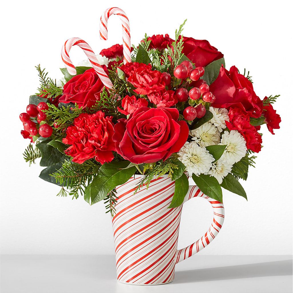 Peppermint Swirl Christmas Flower Arrangement in Festive Keepsake Mug