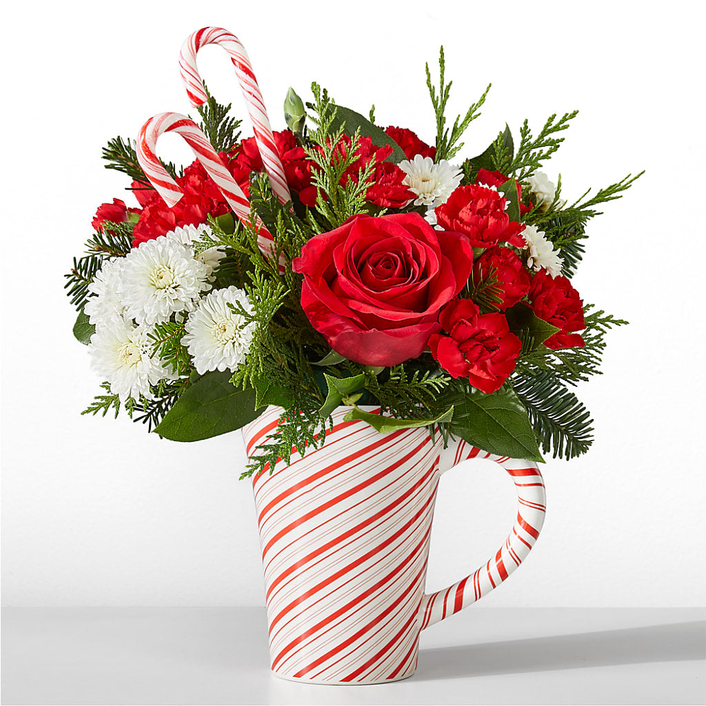 Peppermint Swirl Christmas Flower Arrangement in Festive Keepsake Mug
