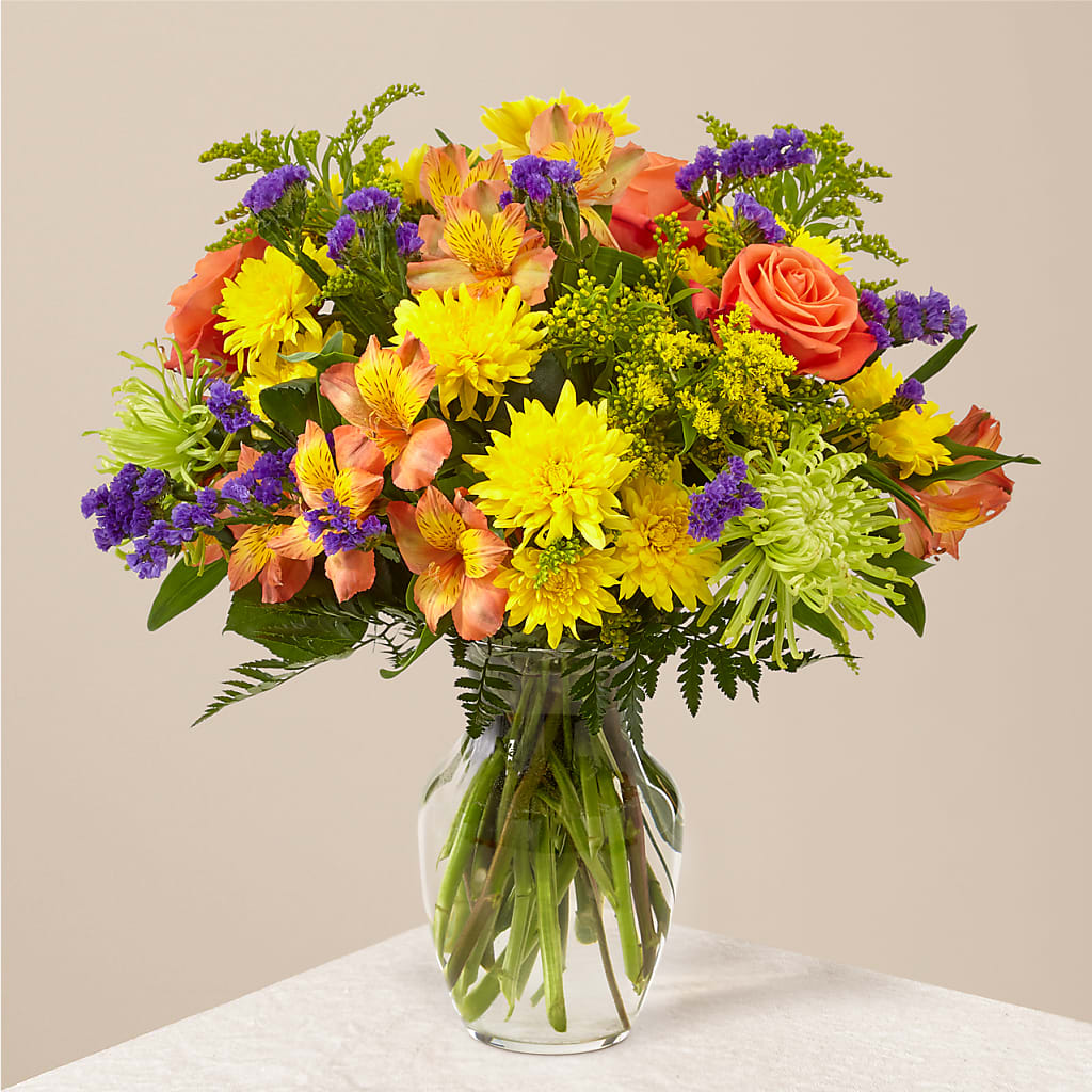 Marmalade Skies Bouquet with Vibrant Roses and Mixed Seasonal Blooms