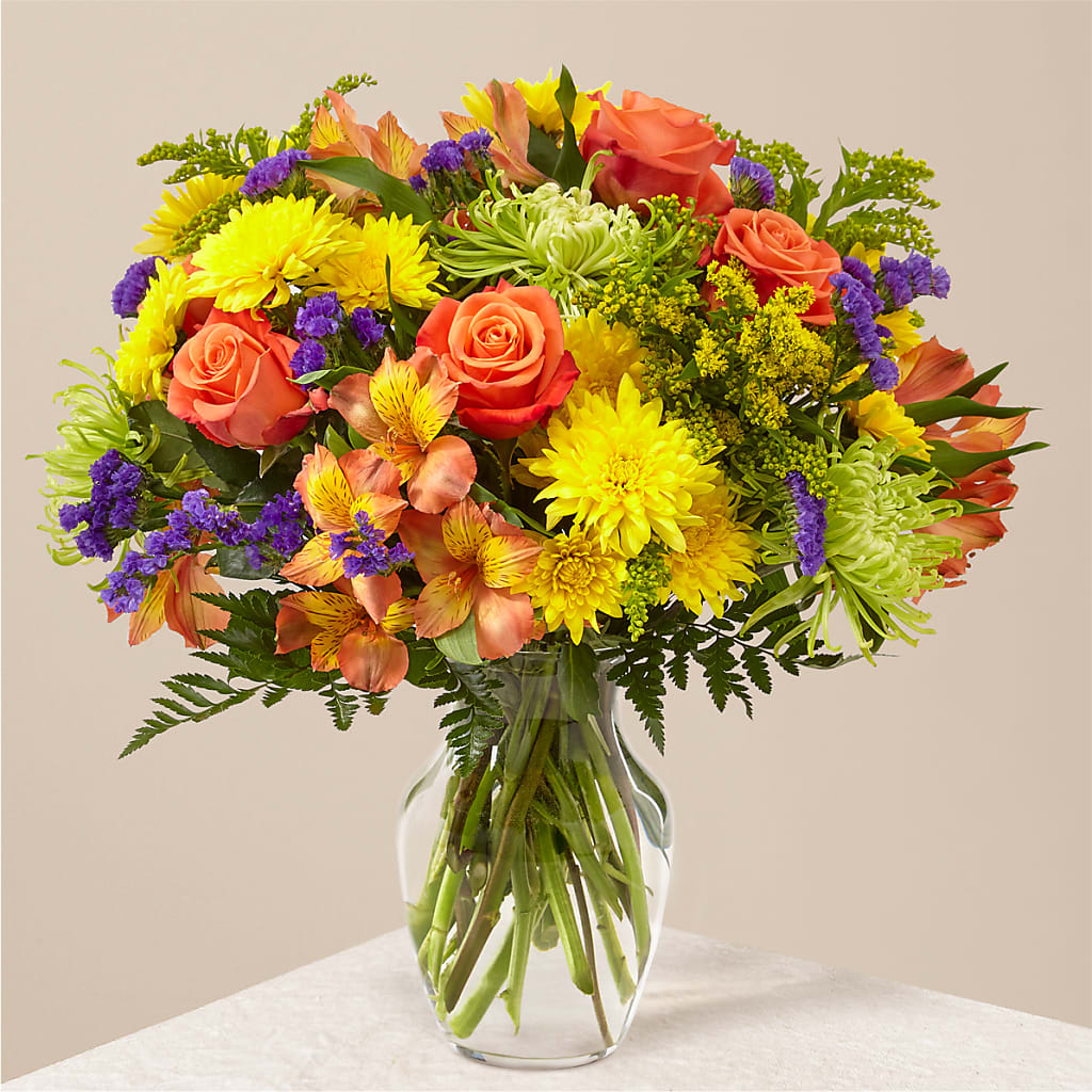 Marmalade Skies Bouquet with Vibrant Roses and Mixed Seasonal Blooms