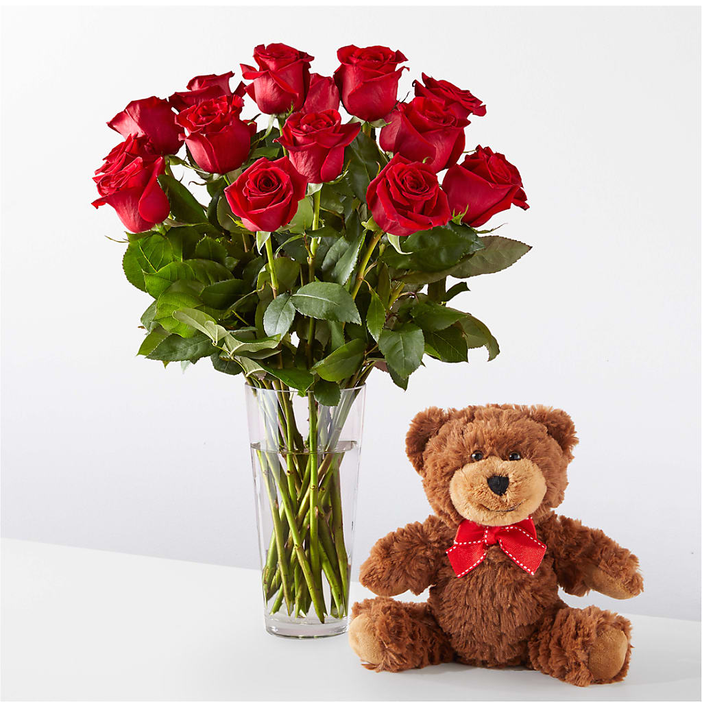 Luxury Long Stem Red Rose Bouquet with Cuddly Plush Bear