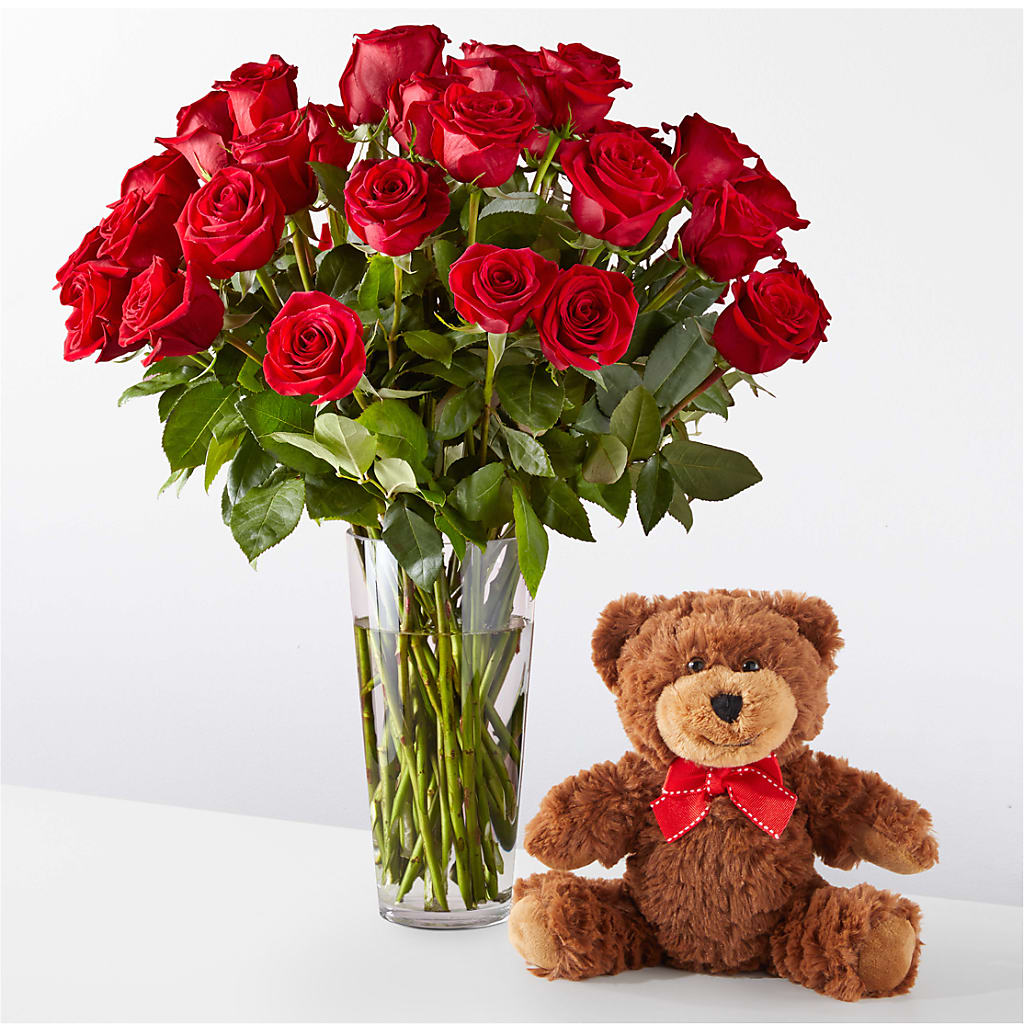 Luxury Long Stem Red Rose Bouquet with Cuddly Plush Bear