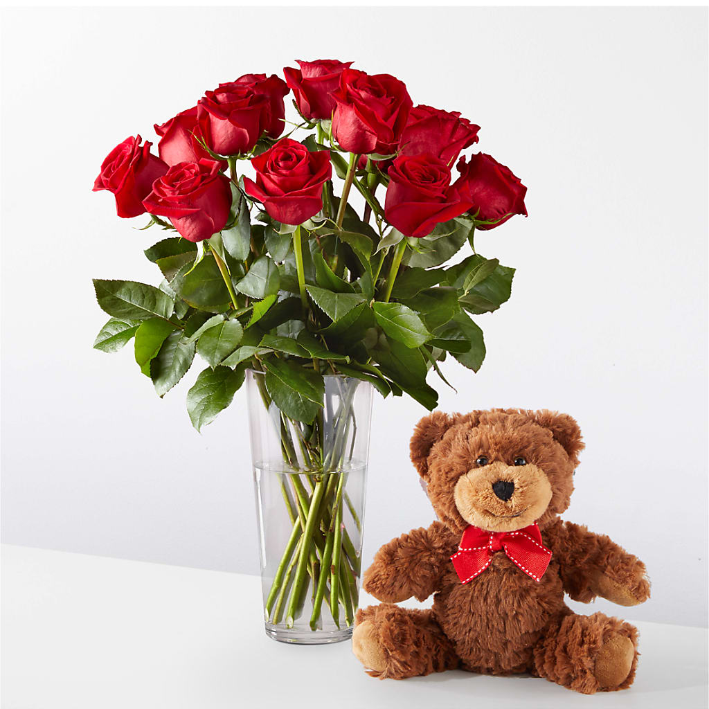 Luxury Long Stem Red Rose Bouquet with Cuddly Plush Bear