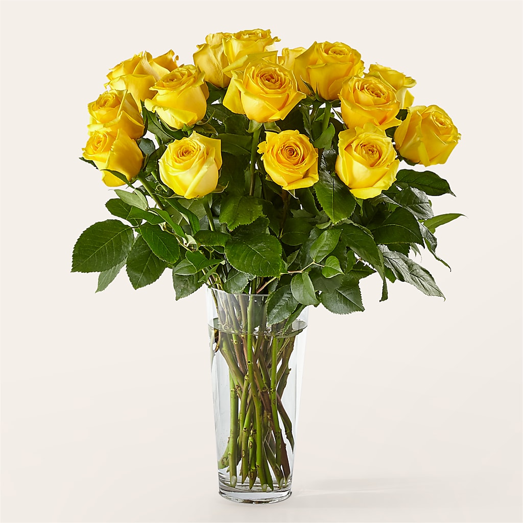Elegant Long Stem Bright Yellow Rose Bouquet With Fresh Foliage