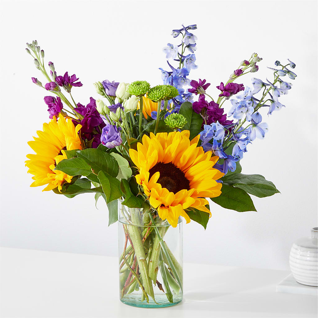 Catching Rays Bouquet Sunflower and Delphinium Floral Arrangement
