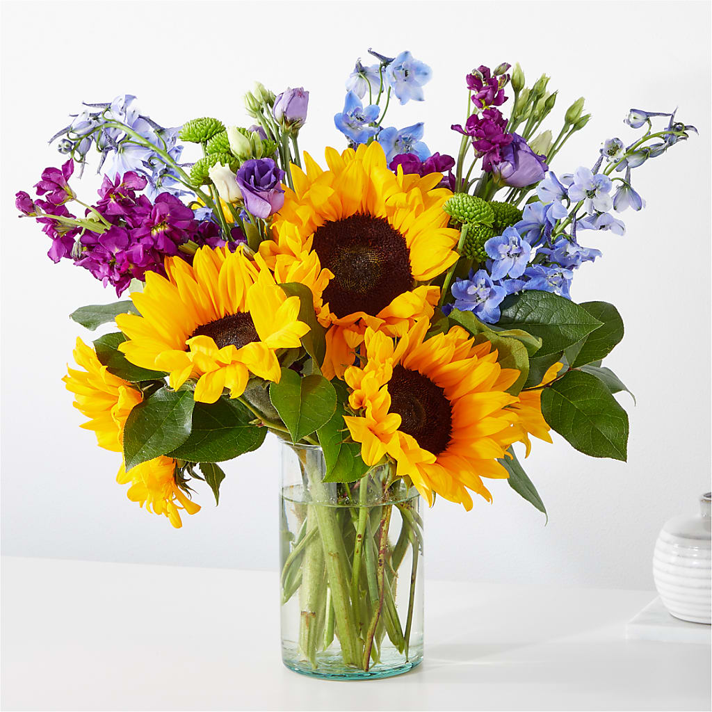 Catching Rays Bouquet Sunflower and Delphinium Floral Arrangement