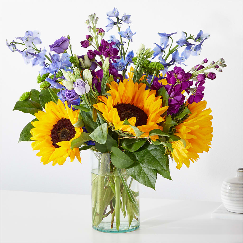 Catching Rays Bouquet Sunflower and Delphinium Floral Arrangement
