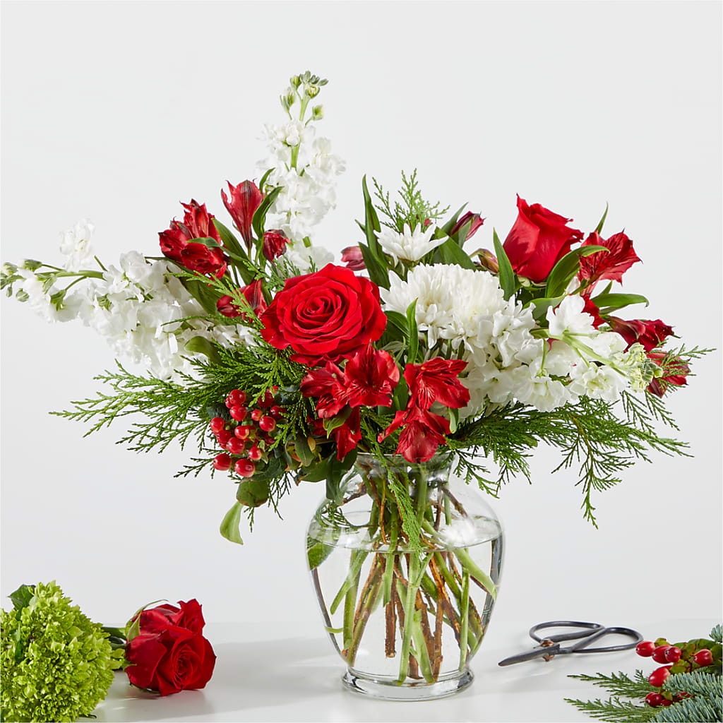 Merry Moment Fresh Seasonal Floral Bouquet with Clear Glass Vase