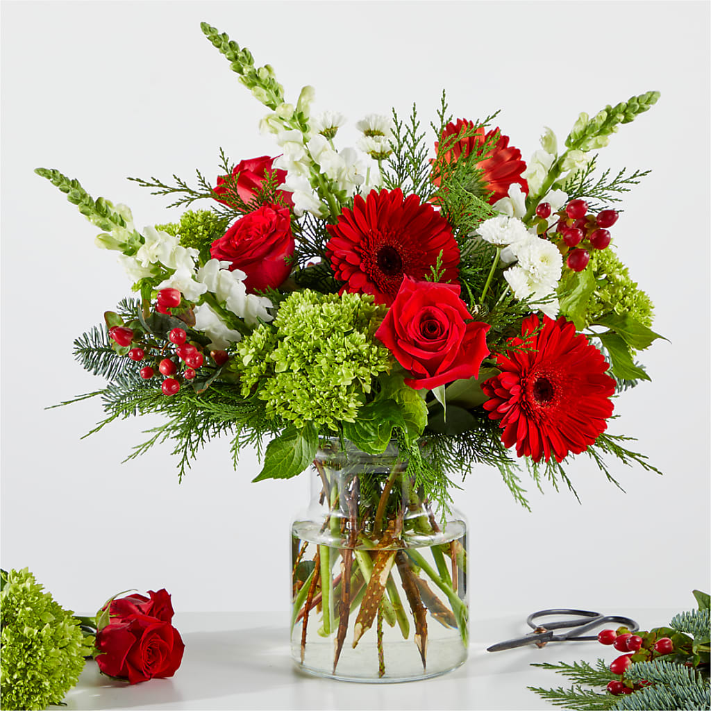 Merry Moment Fresh Seasonal Floral Bouquet with Clear Glass Vase