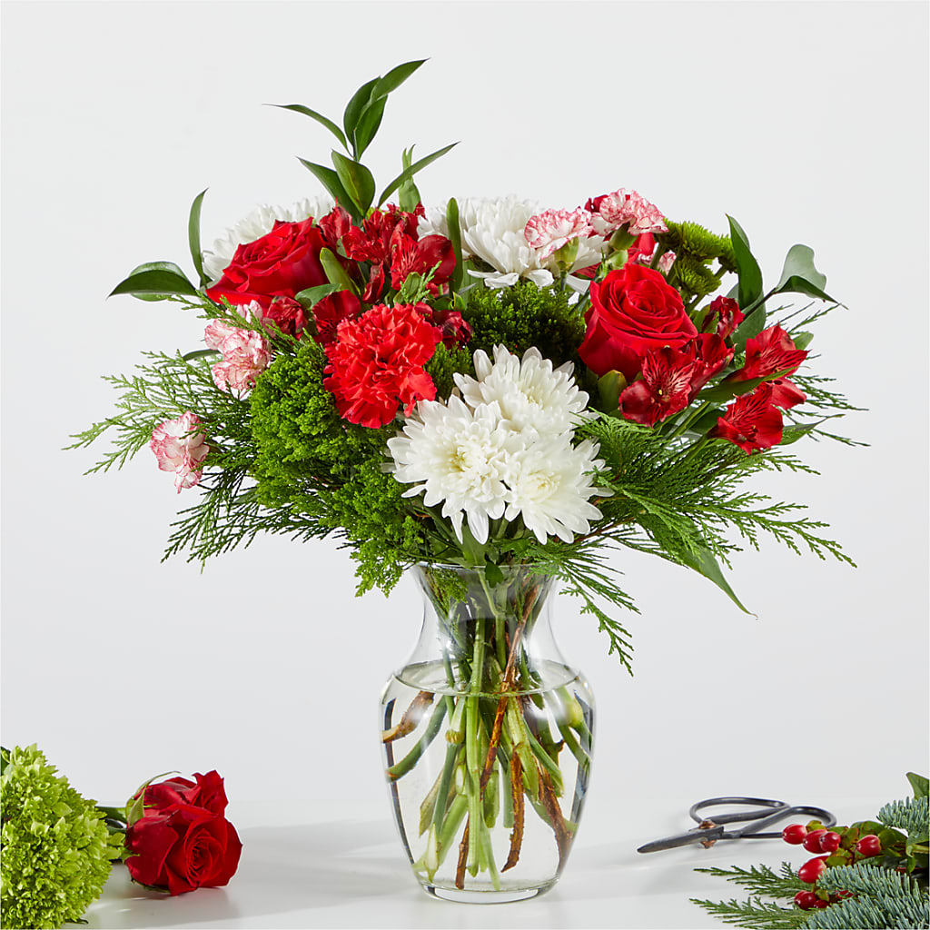 Merry Moment Fresh Seasonal Floral Bouquet with Clear Glass Vase