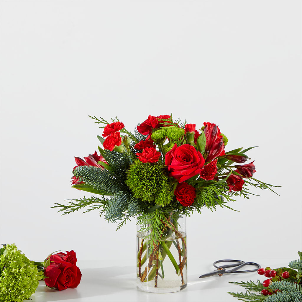 Merry Moment Fresh Seasonal Floral Bouquet with Clear Glass Vase
