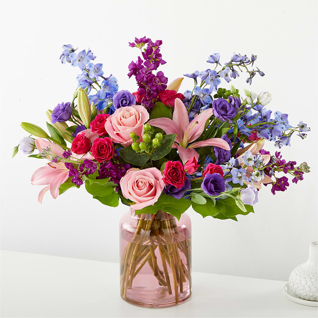 Breezy Meadows Wildflower Bouquet with Roses and Lilies in Blush Vase