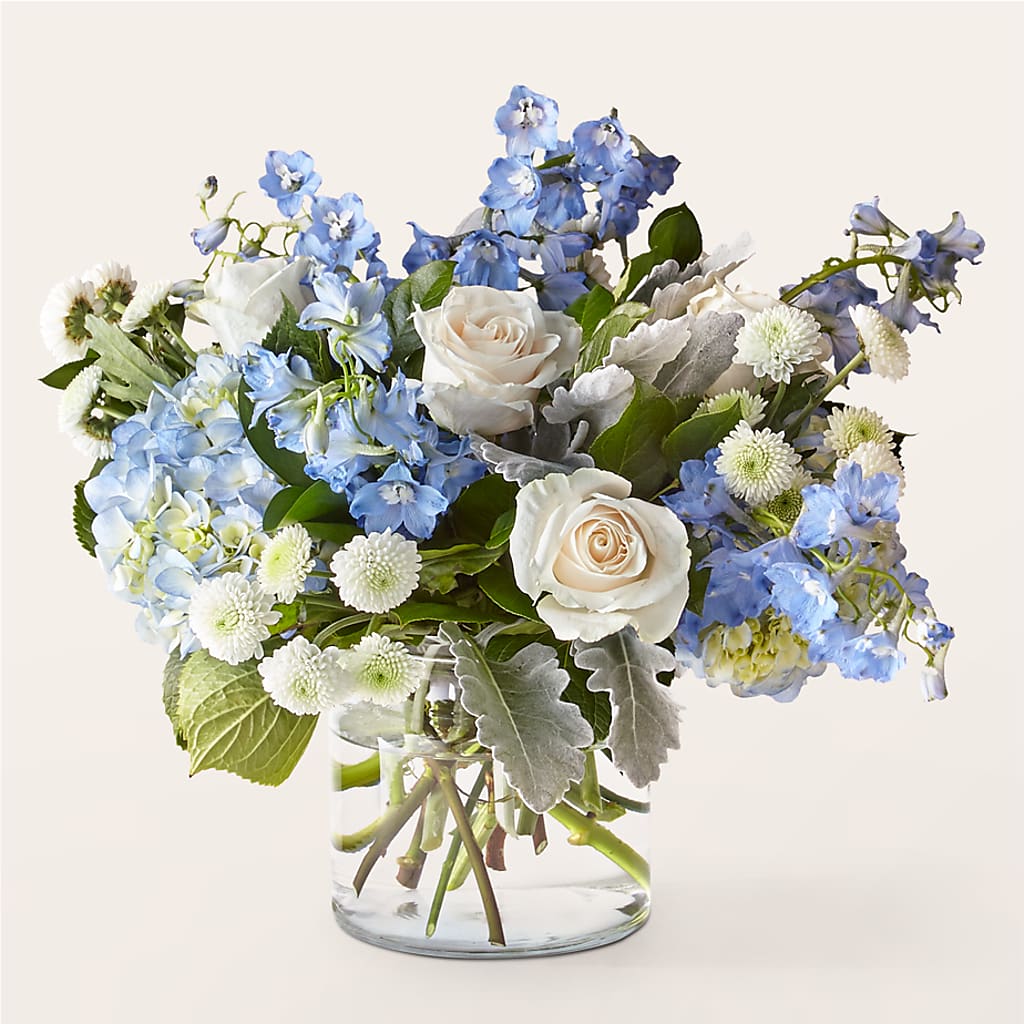 Clear Skies Bouquet with Blue Hydrangeas and White Roses