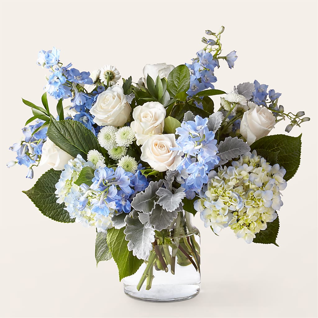 Clear Skies Bouquet with Blue Hydrangeas and White Roses