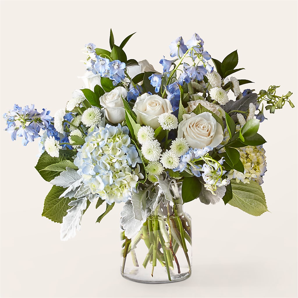 Clear Skies Bouquet with Blue Hydrangeas and White Roses