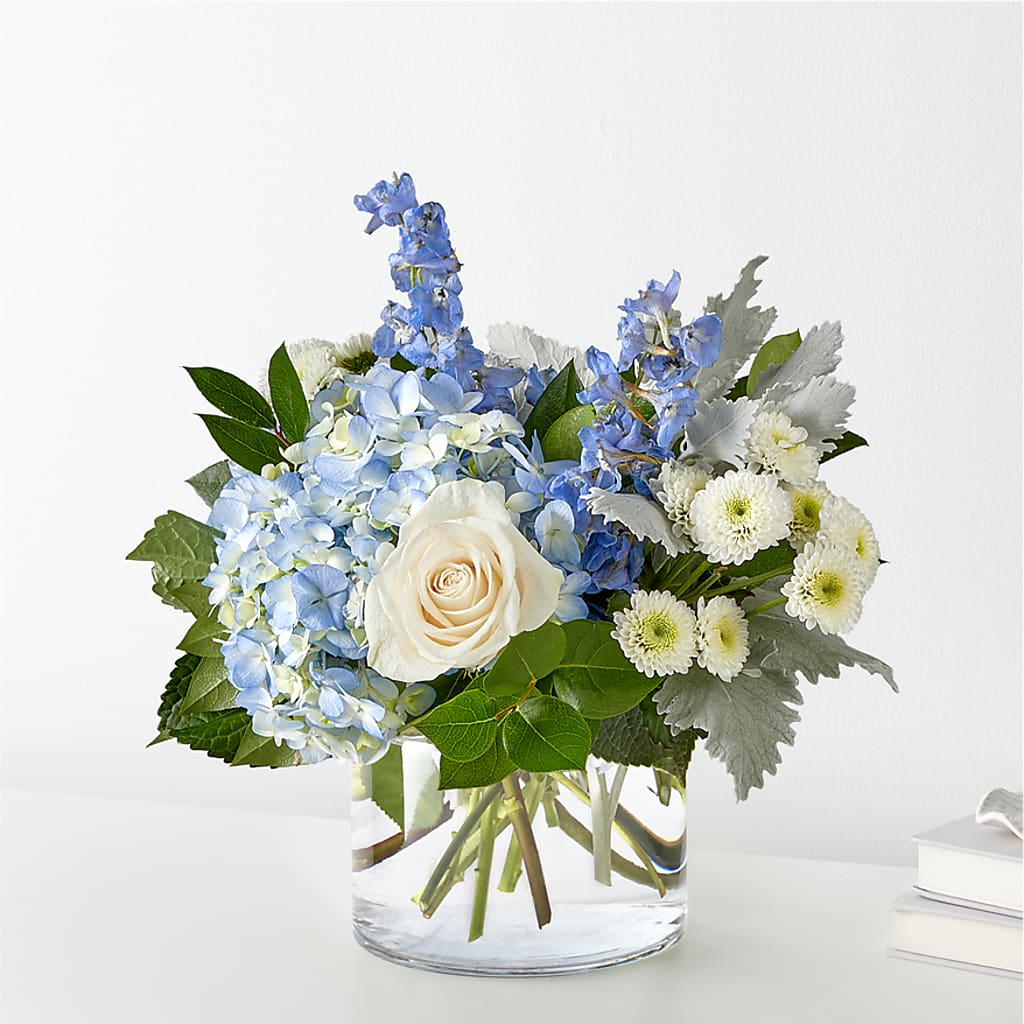 Clear Skies Bouquet with Blue Hydrangeas and White Roses