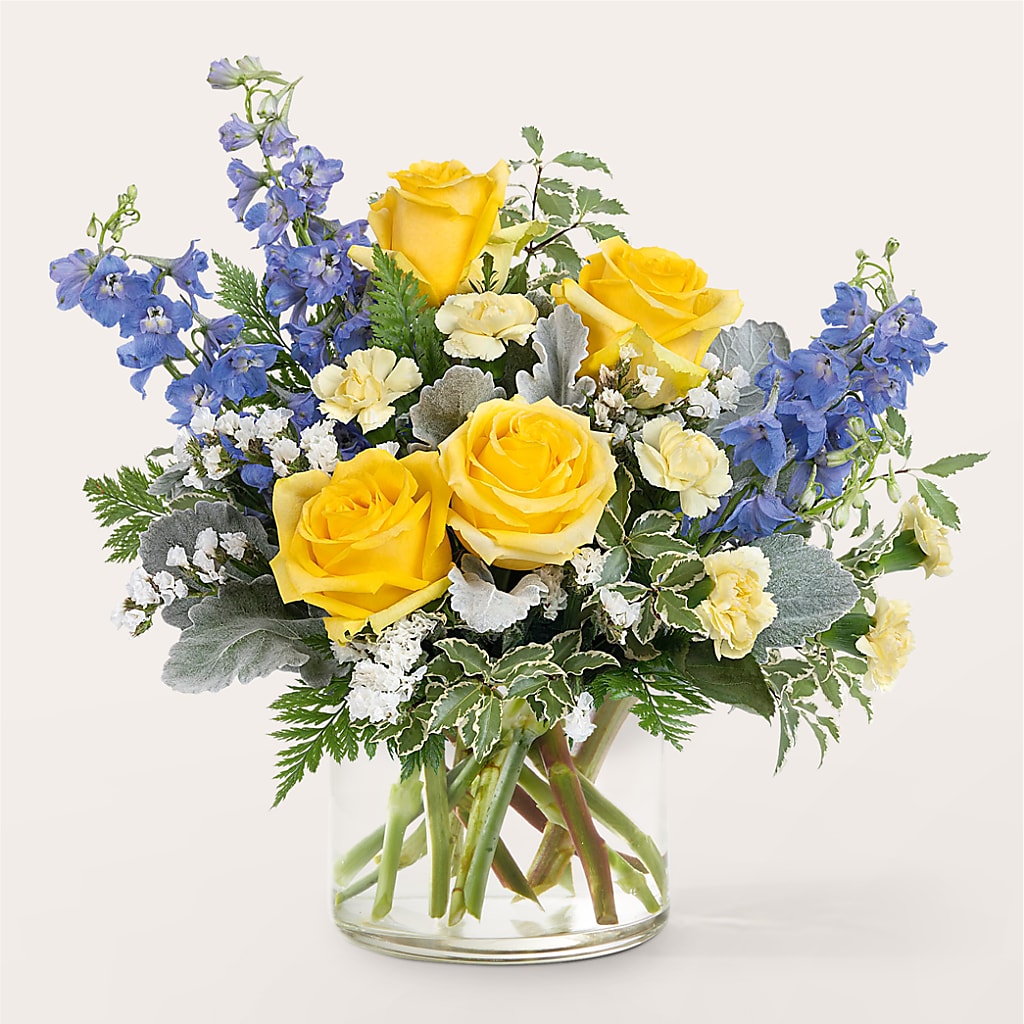 Fresh Butterfly Wings Bouquet with Roses and Blue Delphinium