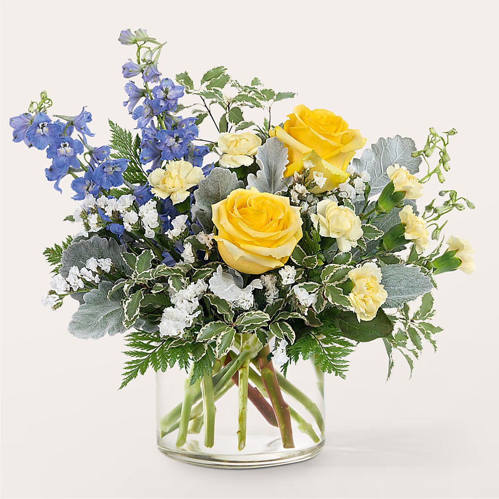 Fresh Butterfly Wings Bouquet with Roses and Blue Delphinium