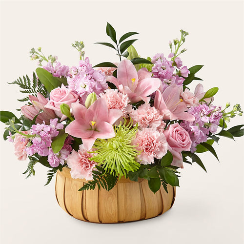Beautiful Spirit Basket Floral Arrangement with Pink Roses and Lilies