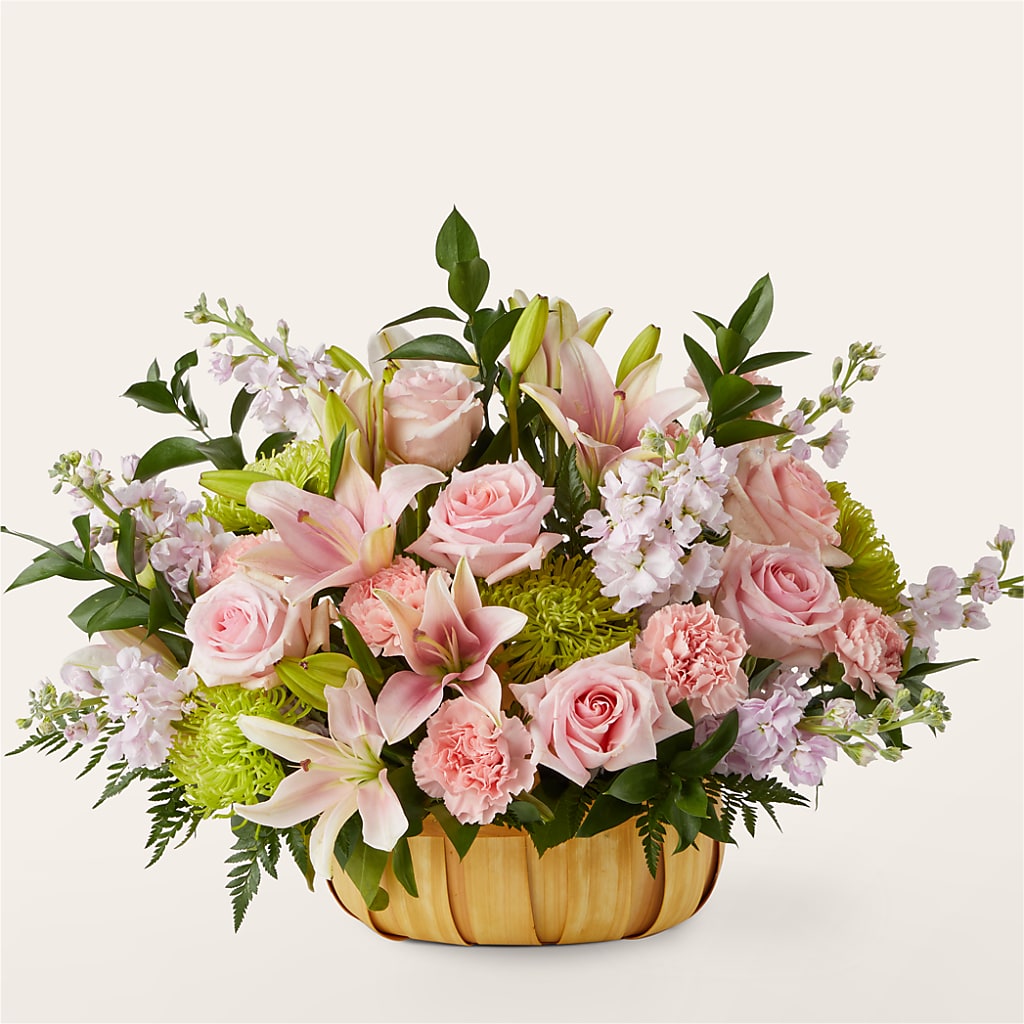 Beautiful Spirit Basket Floral Arrangement with Pink Roses and Lilies