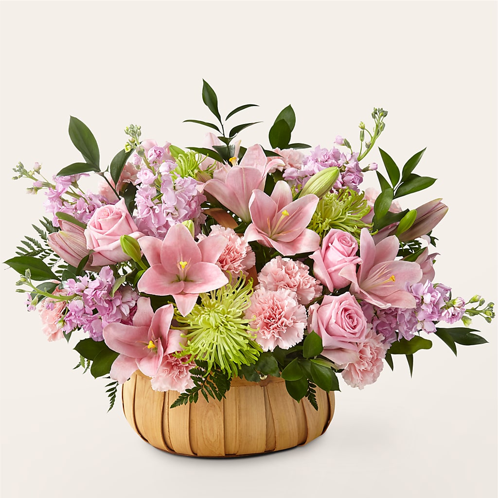 Beautiful Spirit Basket Floral Arrangement with Pink Roses and Lilies