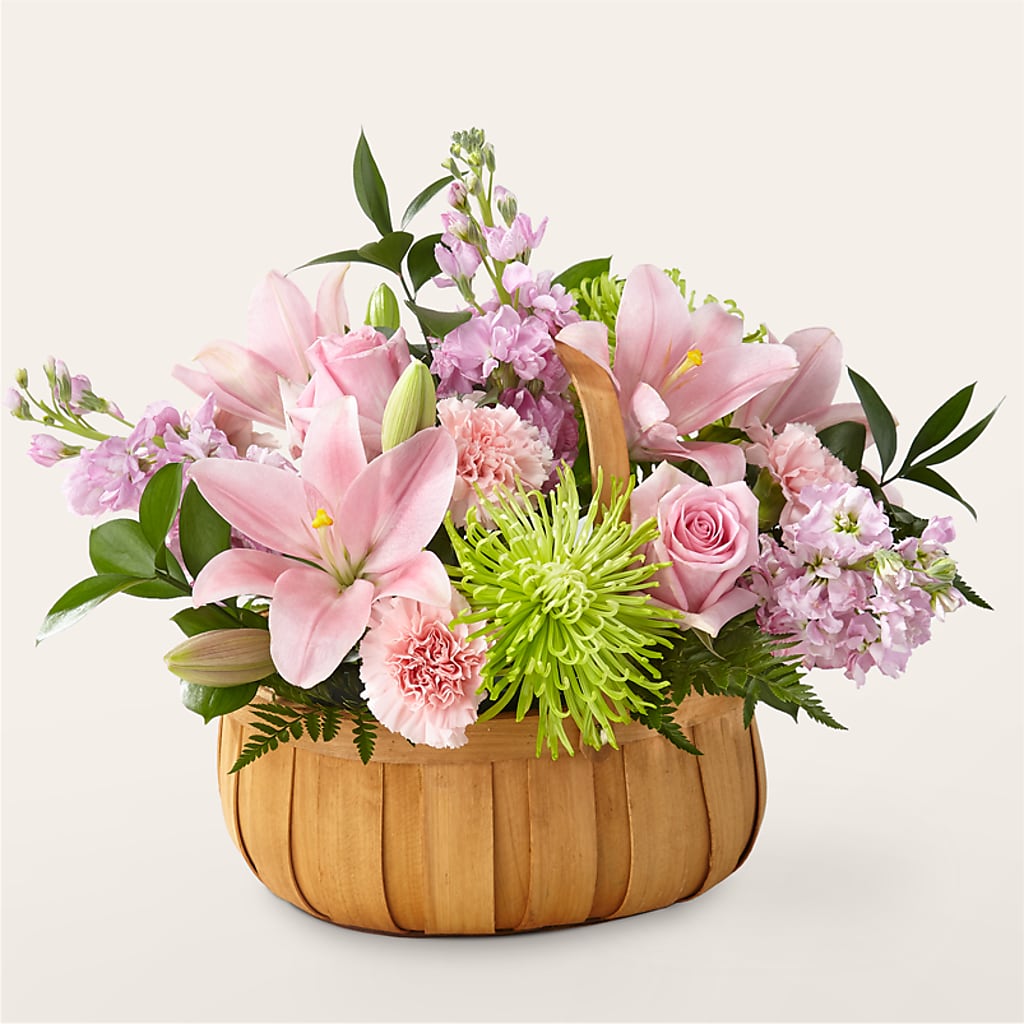 Beautiful Spirit Basket Floral Arrangement with Pink Roses and Lilies