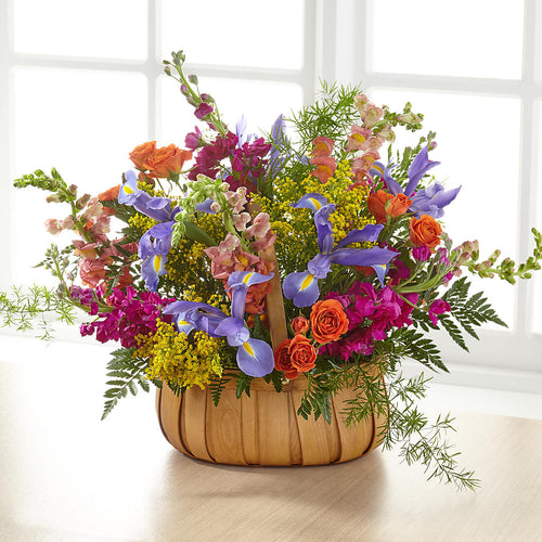 Bright Garden of Life Flower Basket with Fresh Roses