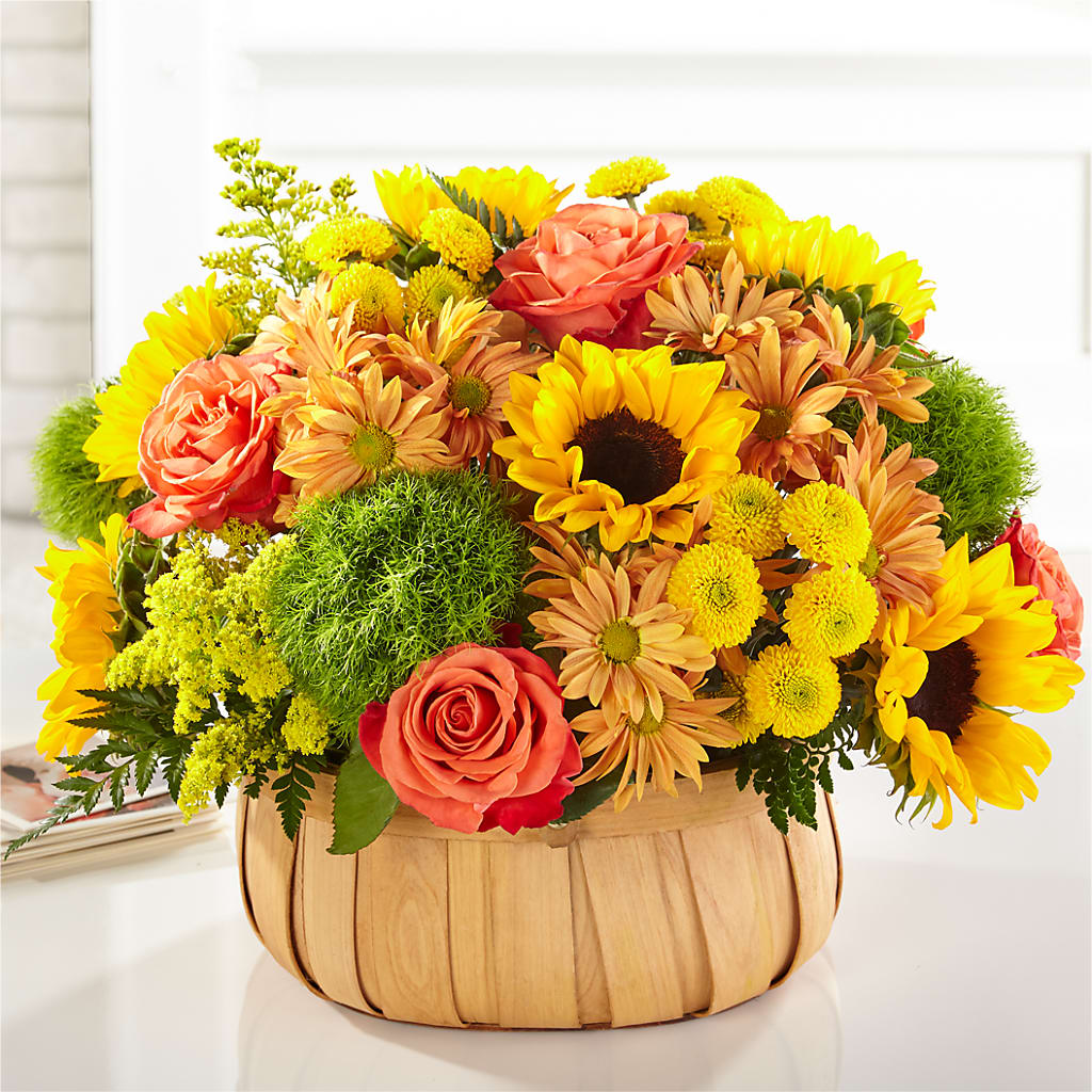 Rustic Harvest Sunflower and Rose Woven Basket Floral Arrangement