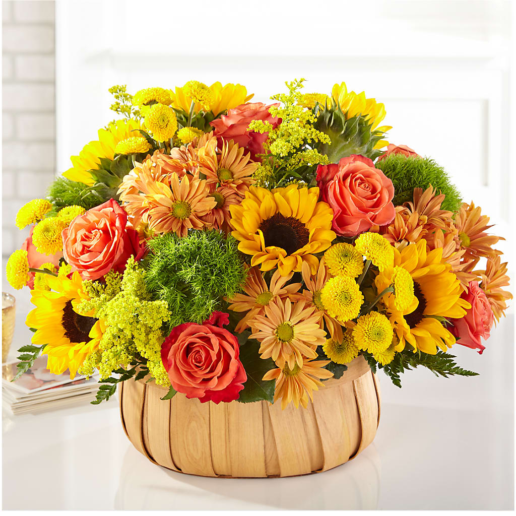 Rustic Harvest Sunflower and Rose Woven Basket Floral Arrangement