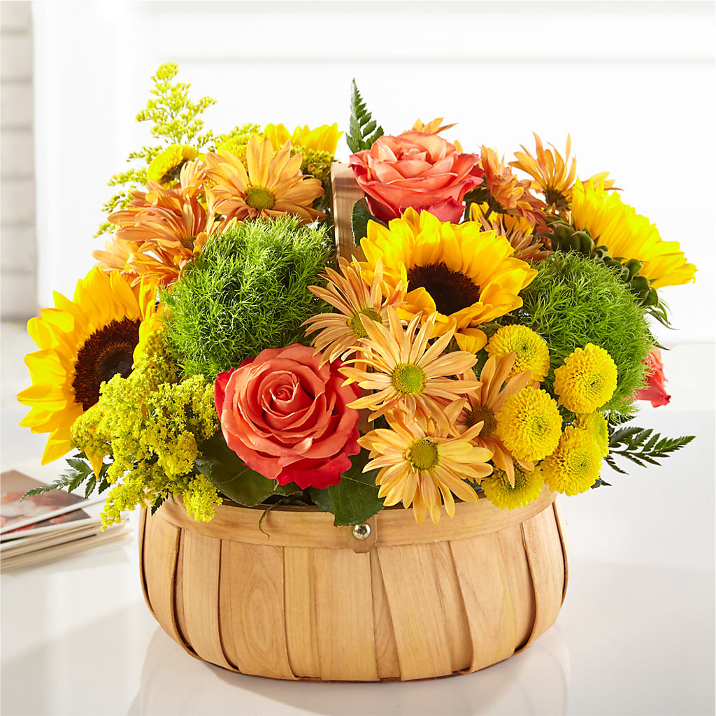 Rustic Harvest Sunflower and Rose Woven Basket Floral Arrangement