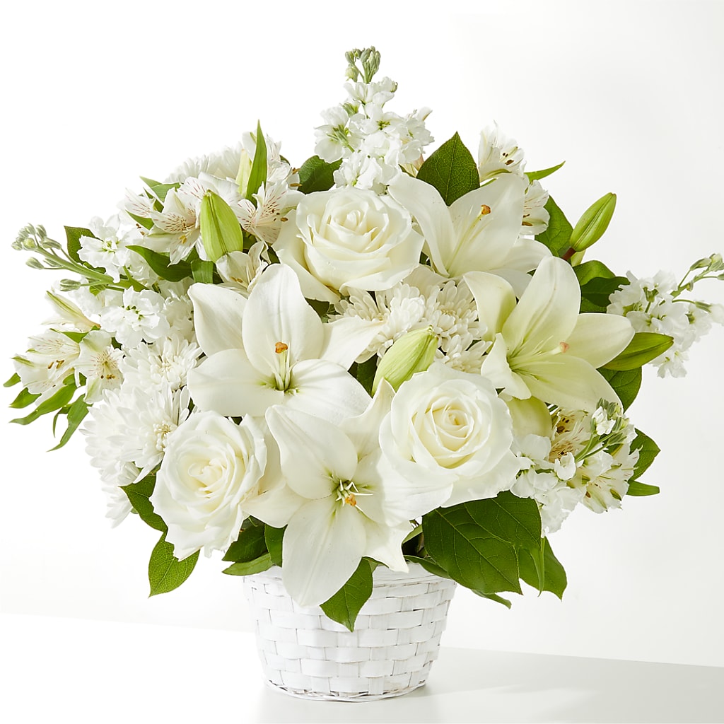 Elegant White Rose and Lily Peaceful Reflections Floral Arrangement