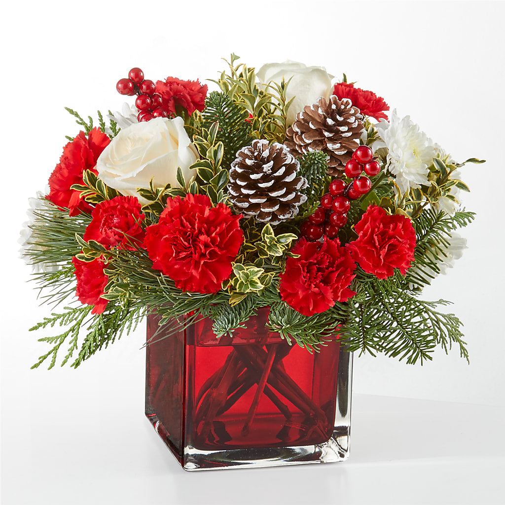 Handcrafted Christmas Market Bouquet with Roses and Festive Greens