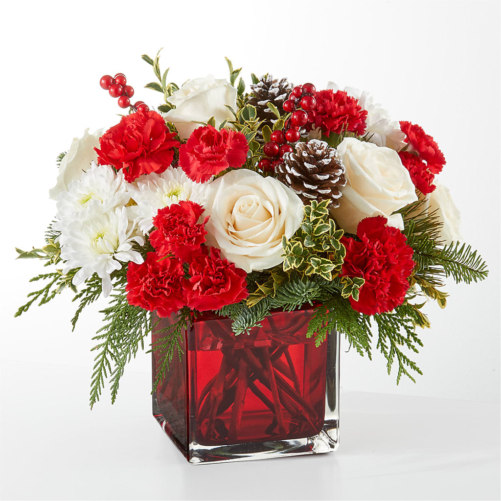 Handcrafted Christmas Market Bouquet with Roses and Festive Greens