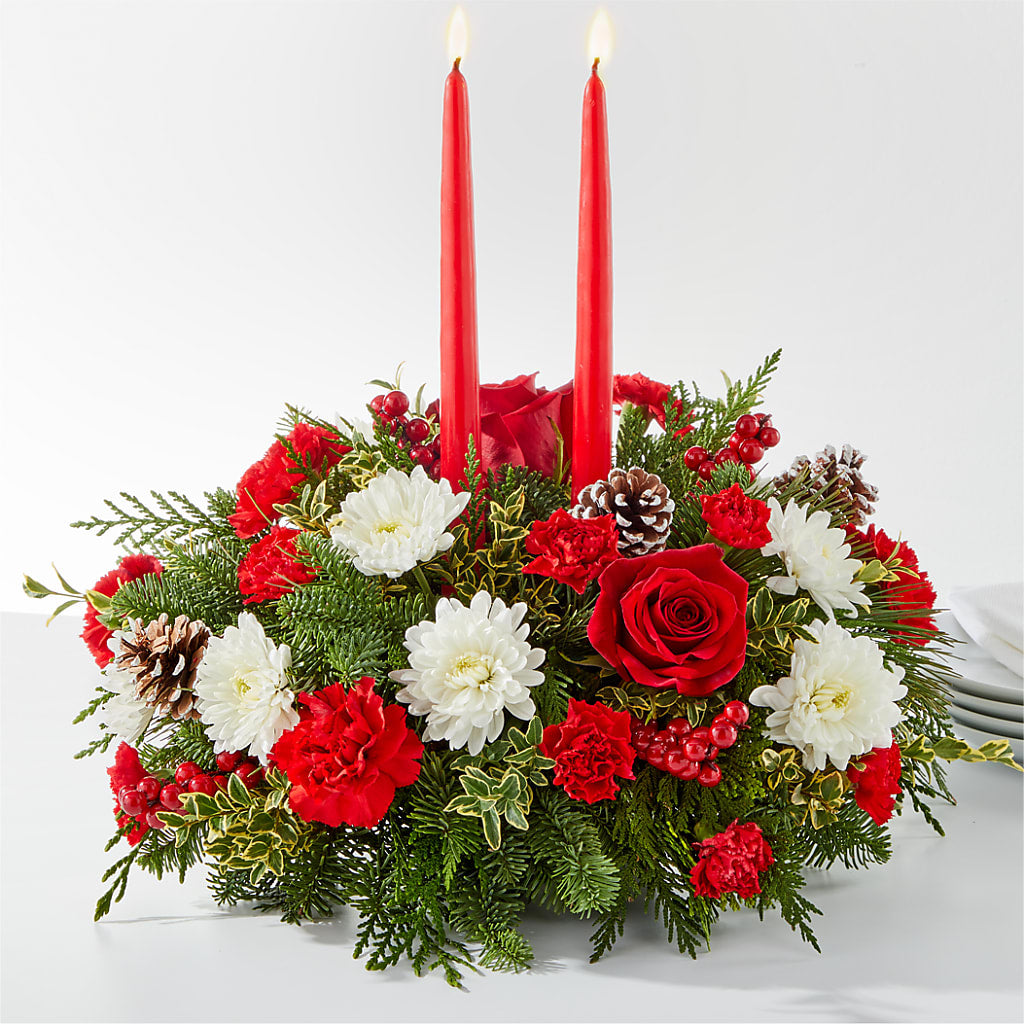 Festive Holiday Soiree Table Centerpiece with Roses and Greens