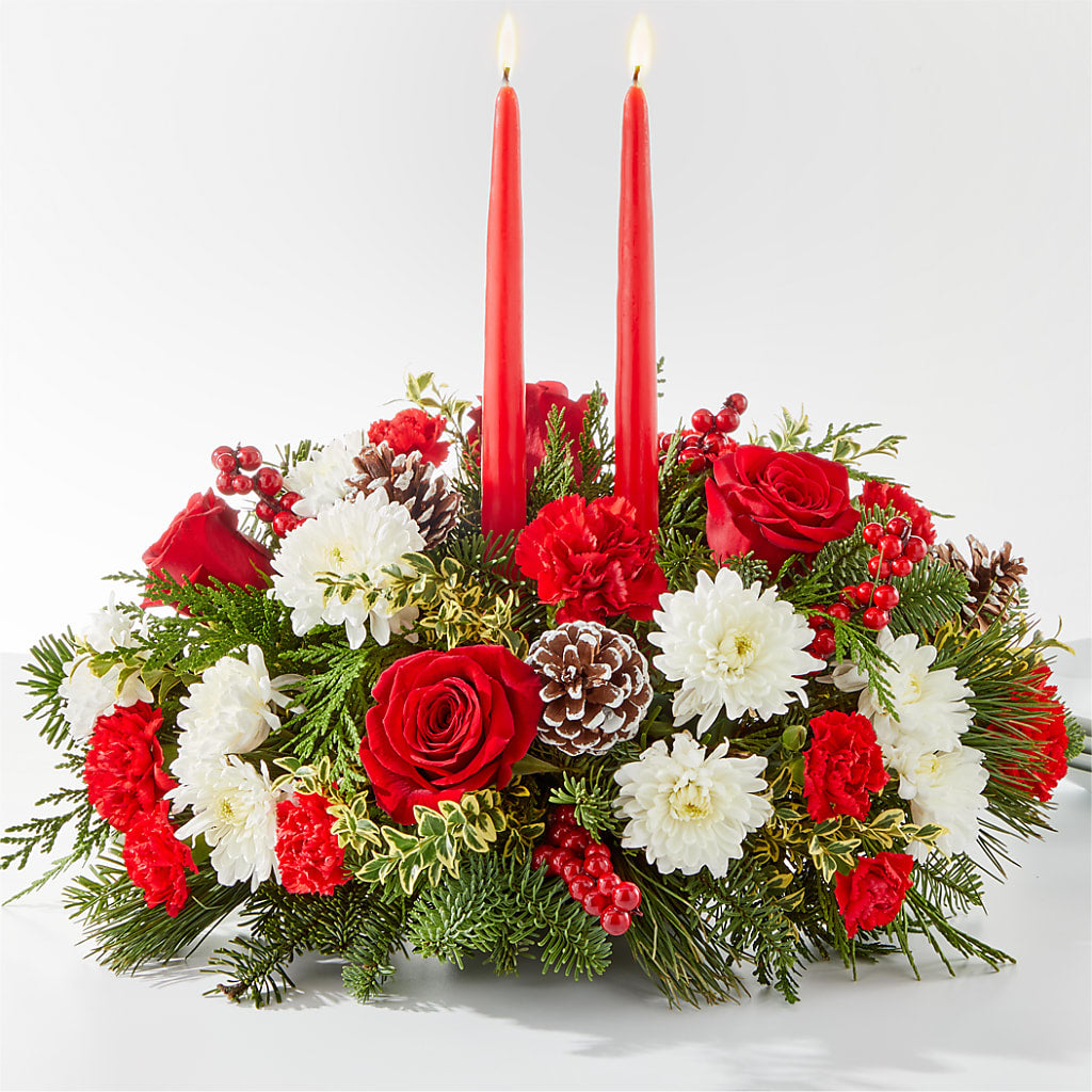 Festive Holiday Soiree Table Centerpiece with Roses and Greens