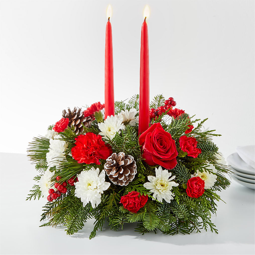 Festive Holiday Soiree Table Centerpiece with Roses and Greens