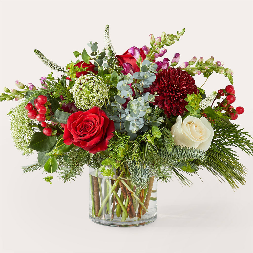 Cranberry Fizz Holiday Bouquet with Red Roses and Berries