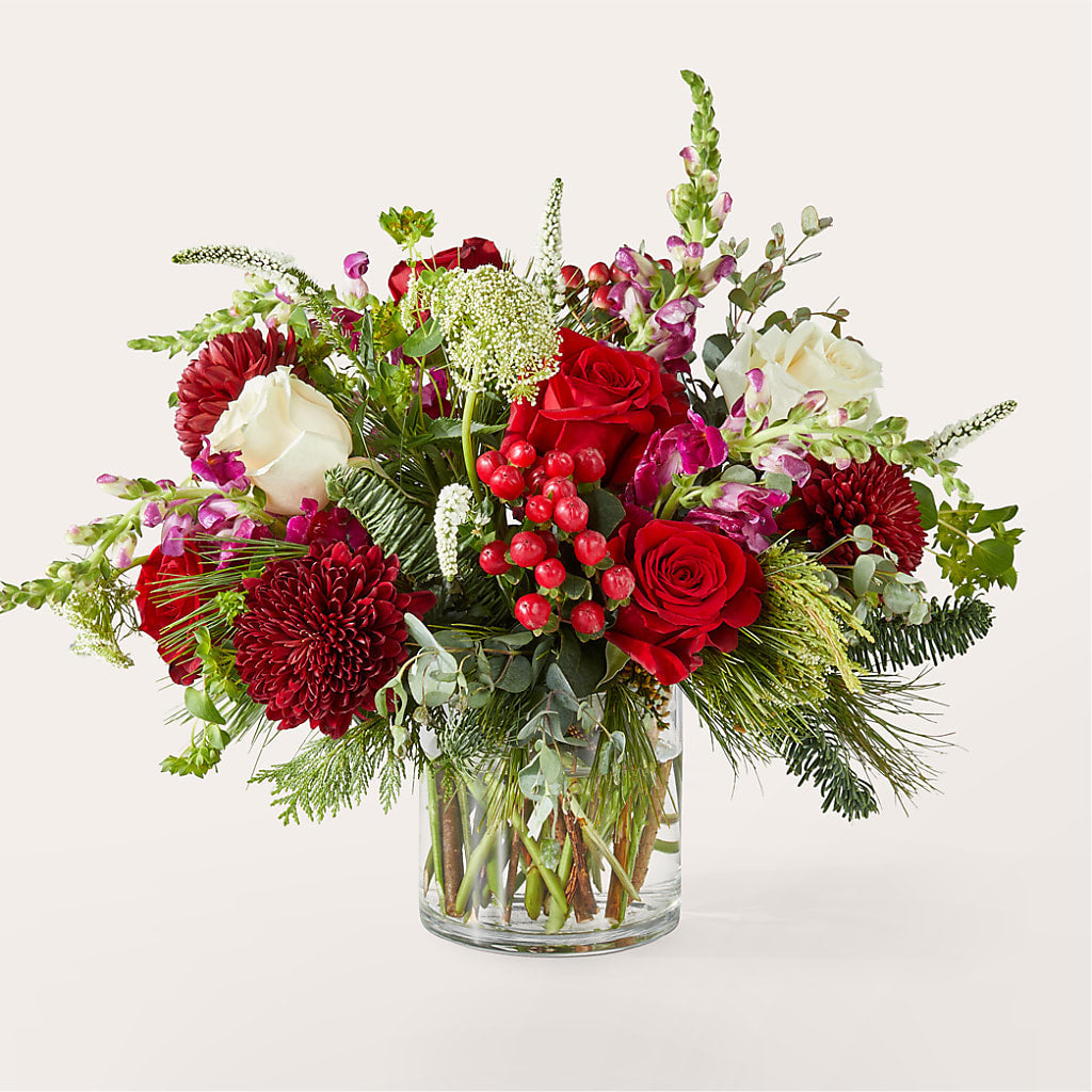 Cranberry Fizz Holiday Bouquet with Red Roses and Berries
