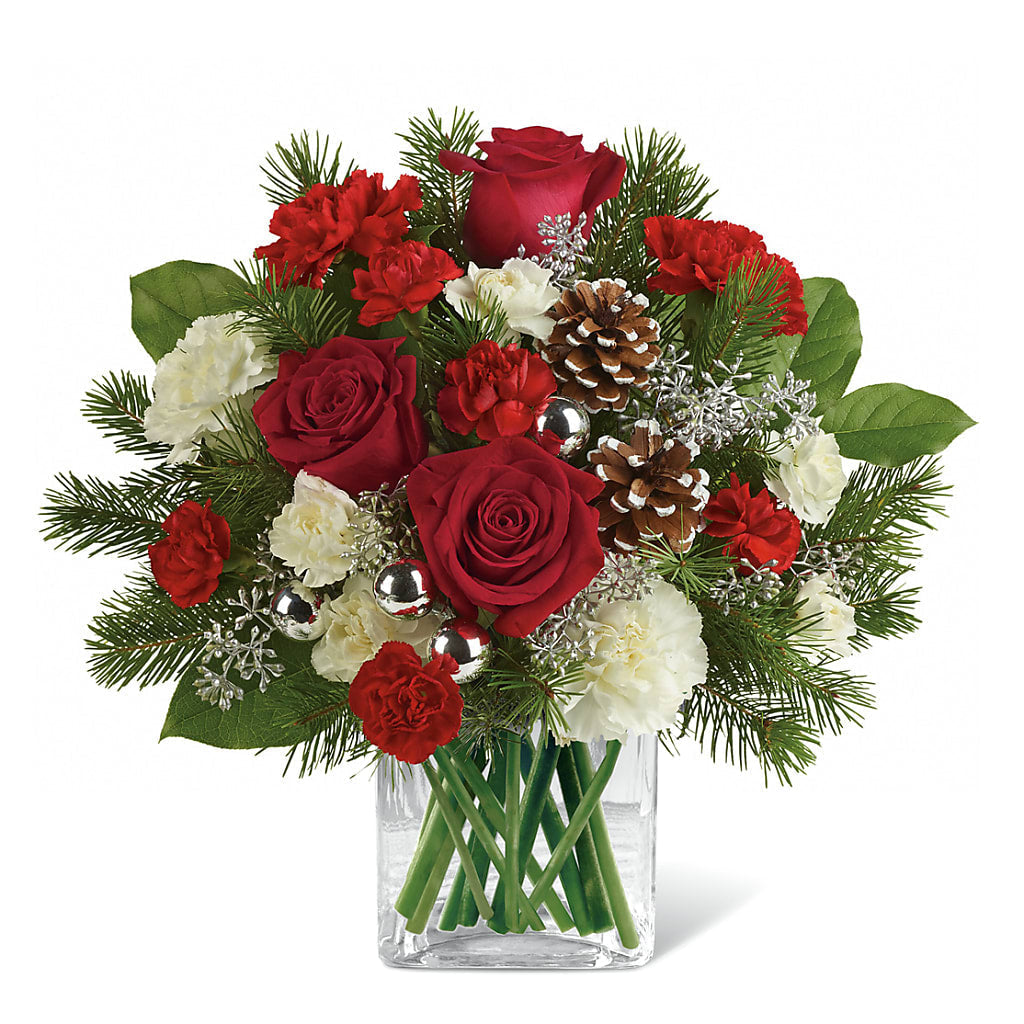 Festive Woodland Wonder Red Rose and White Carnation Bouquet