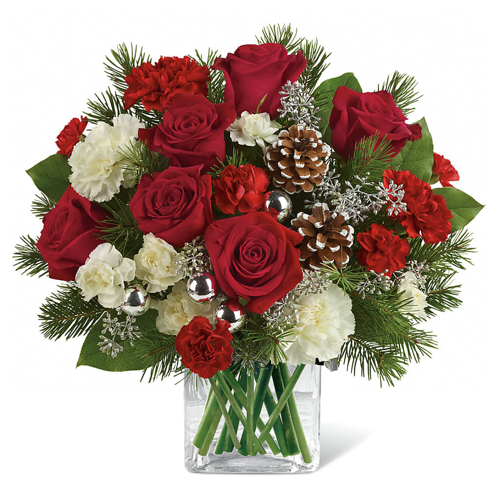 Festive Woodland Wonder Red Rose and White Carnation Bouquet