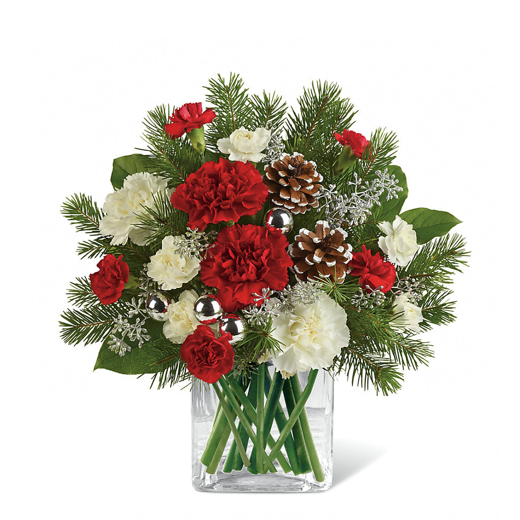 Festive Woodland Wonder Red Rose and White Carnation Bouquet